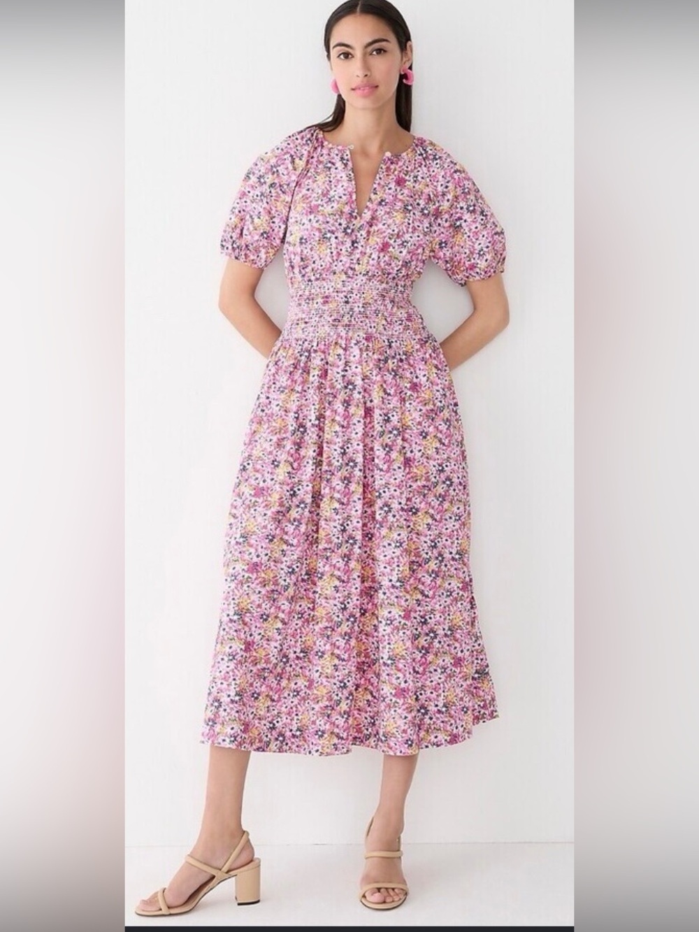 J. Crew Pink Floral Puff-Sleeve Smocked Waist Midi Dress
